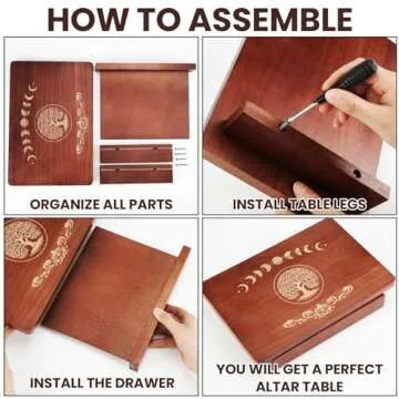 Briwooody Altar Table with Drawer and Tarot Card Holder, Wooden Small Altar Table for Spiritual Meditation Buddhist Moon Phases Life Tree Engraved Wiccan Witchy Decor, 12" x 8"