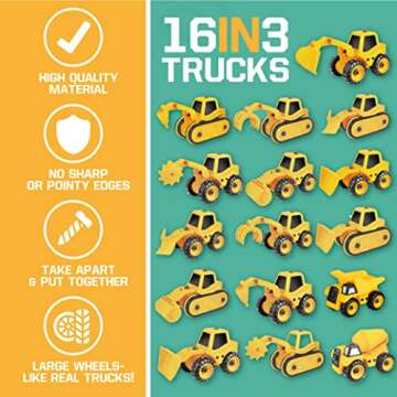 ToyVelt 16 in 3 Construction Take Apart Toys Trucks for 4 Year Old Boys STEM Tractor Toys for 3 Year Old Boys, Best Birthday for Boys & Girls Ages 3-12 Years Old - Updated 2021