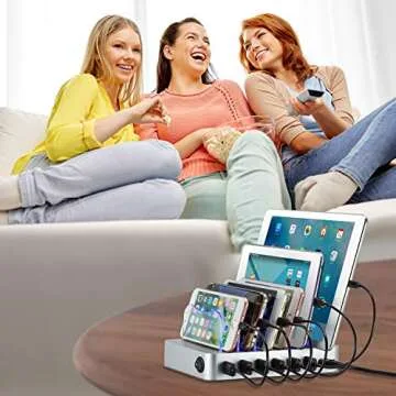 Simicore Charging Station for Multiple Devices, Certified 6 USB 50W 10A Fast Charging Dock, Non-Slip Surface, Smart Phones, Tablets, Watch, Other Electronics Organizer