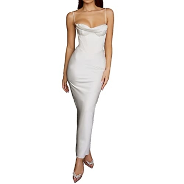 Elegant Women's White Corset Midi Dress - Satin Formal Party Wear