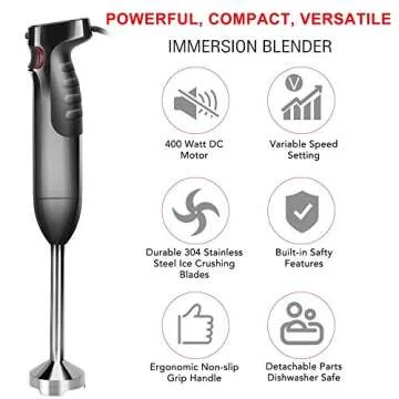 iCucina 4-in-1 Variable Speed Immersion Hand Blender, Powerful 400W DC Motor, One Button Operation Smart Stick Blender with Whisk, Beaker, Chopper attachments, Black