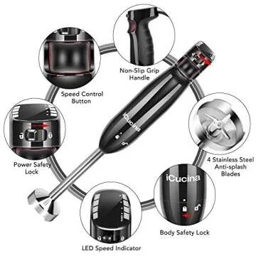 iCucina 4-in-1 Variable Speed Immersion Hand Blender, Powerful 400W DC Motor, One Button Operation Smart Stick Blender with Whisk, Beaker, Chopper attachments, Black