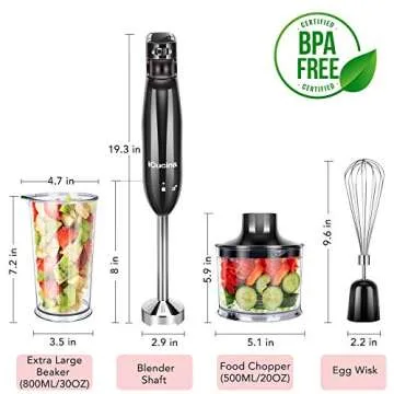 iCucina 4-in-1 Variable Speed Immersion Hand Blender, Powerful 400W DC Motor, One Button Operation Smart Stick Blender with Whisk, Beaker, Chopper attachments, Black