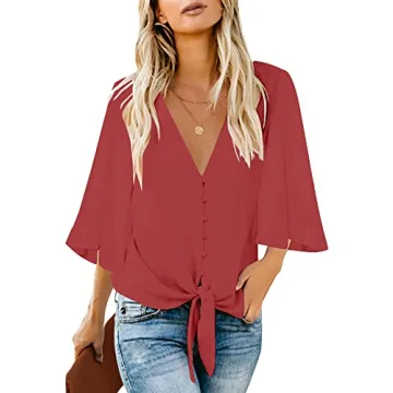 Luvamia Women's Casual V Neck Button Down Blouse with 3/4 Sleeve for Elegant Summer Wear