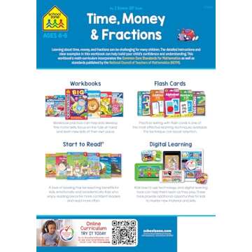 School Zone - Time, Money & Fractions Workbook - 32 Pages, Ages 6 to 8, 1st and 2nd Grade, Adding Money, Counting Coins, Telling Time, and More (School Zone I Know It!® Workbook Series)