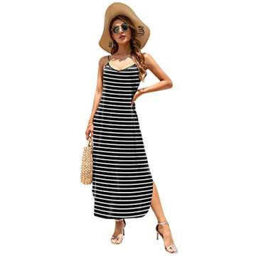 HUSKARY Women's Summer Casual Sleeveless V Neck Strappy Split Loose Dress Beach Cover Up Long Cami Maxi Dresses with Pocket