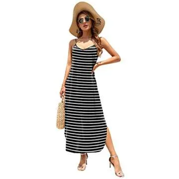 HUSKARY Women's Summer Casual Sleeveless V Neck Strappy Split Loose Dress Beach Cover Up Long Cami Maxi Dresses with Pocket