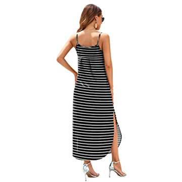 HUSKARY Women's Summer Casual Sleeveless V Neck Strappy Split Loose Dress Beach Cover Up Long Cami Maxi Dresses with Pocket