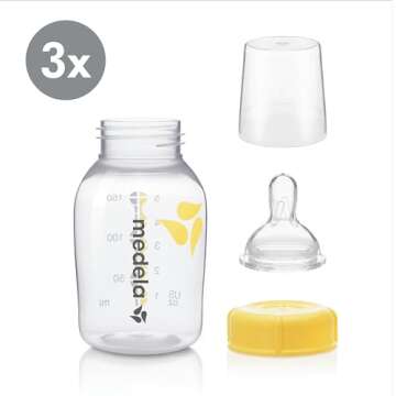 Medela Slow Flow Feeding & Storage Bottles, 3 Pack of 5 Ounce Bottle with Nipple, Lids, Wide Base Collars, and Travel Caps, Made Without BPA