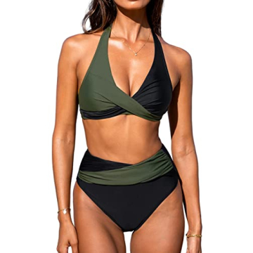 CUPSHE Bikini Set High Waisted Halter Back Color Block