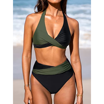 CUPSHE Bikini Set High Waisted Halter Back Color Block