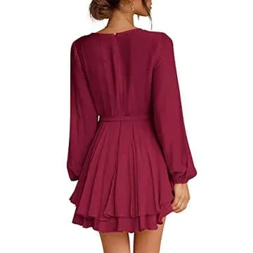 Womens Sexy V-Neck Long Sleeve Tie Waist Knot Ruffle Short Dress Burgundy M