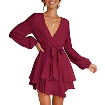 Womens Sexy V-Neck Long Sleeve Tie Waist Knot Ruffle Short Dress Burgundy M