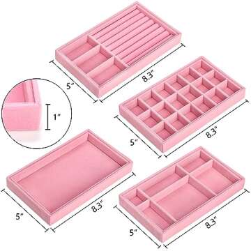 Elsjoy 8 Pack Pink Velvet Jewelry Tray - Elegant Jewelry Organizer with Divided Compartments