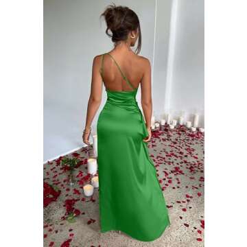 Memoriesea Women's Sexy One Shoulder Satin High Split Cocktail Wedding Party Maxi Dress Grass Green