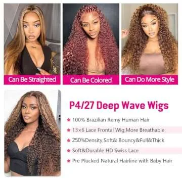 Lysilf Highlight Ombre Lace Front Wig Human Hair Wigs for Women 250% Density 13x6 Deep Wave HD Lace Frontal Wig Pre Plucked 4/27 Honey Blonde Deep Curly Glueless Wigs Human Hair（#P4/27,30Inch）