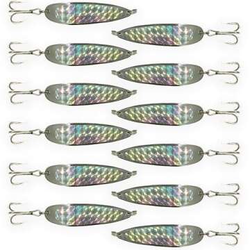 3oz Crocodile Fishing Spoons, 12-Piece Set – Chrome Plated with Silver Prism Finish, MUSTAD 2/0 Tr...