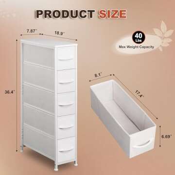 EKNKOZY Narrow Dresser Storage Tower with 5 Drawers, Slim Dresser Chest of Drawers with Steel Frame, Wood Top, Dresser for Bedroom, Bathroom, Small Spaces, Laundry, Closet, White