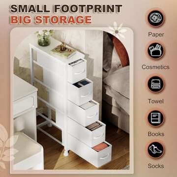 EKNKOZY Narrow Dresser Storage Tower with 5 Drawers, Slim Dresser Chest of Drawers with Steel Frame, Wood Top, Dresser for Bedroom, Bathroom, Small Spaces, Laundry, Closet, White