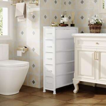 EKNKOZY Narrow Dresser Storage Tower with 5 Drawers, Slim Dresser Chest of Drawers with Steel Frame, Wood Top, Dresser for Bedroom, Bathroom, Small Spaces, Laundry, Closet, White