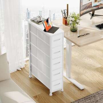 EKNKOZY Narrow Dresser Storage Tower with 5 Drawers, Slim Dresser Chest of Drawers with Steel Frame, Wood Top, Dresser for Bedroom, Bathroom, Small Spaces, Laundry, Closet, White