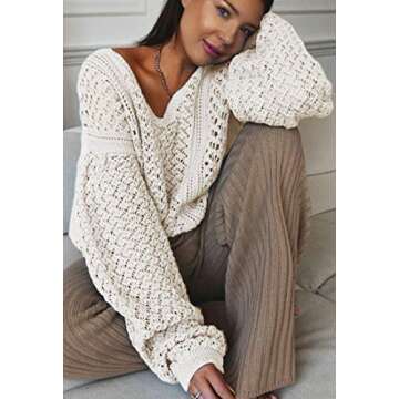 CCTOO Women's Sweaters Casual Oversized V Neck Off Shoulder Sexy Crochet Sweater Batwing Sleeve Pullover Loose Tops Beige Medium