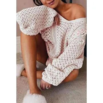 CCTOO Women's Sweaters Casual Oversized V Neck Off Shoulder Sexy Crochet Sweater Batwing Sleeve Pullover Loose Tops Beige Medium