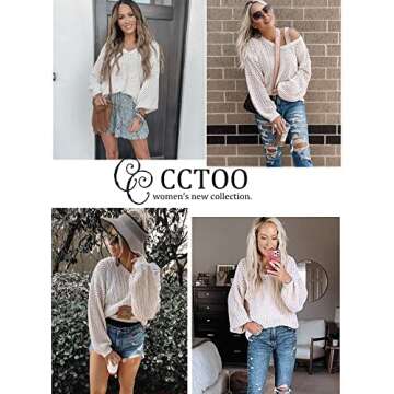 CCTOO Women's Sweaters Casual Oversized V Neck Off Shoulder Sexy Crochet Sweater Batwing Sleeve Pullover Loose Tops Beige Medium