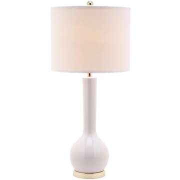 SAFAVIEH Lighting Collection Mae Long Neck Modern Contemporary White Ceramic 31-inch Bedroom Living Room Home Office Desk Nightstand Table Lamp Set of 2 (LED Bulbs Included)