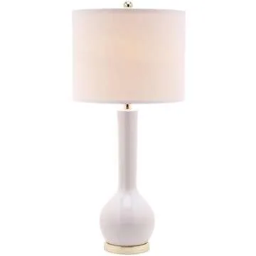 SAFAVIEH Lighting Collection Mae Long Neck Modern Contemporary White Ceramic 31-inch Bedroom Living Room Home Office Desk Nightstand Table Lamp Set of 2 (LED Bulbs Included)