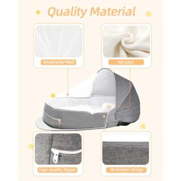 Hishe Baby Travel Bassinet Portable Bassinets: Foldable Lightweight Travel Pod Infant Co-Sleeper Bed with Mosquito and Canopy Outdoor Newborn Essentials Gift