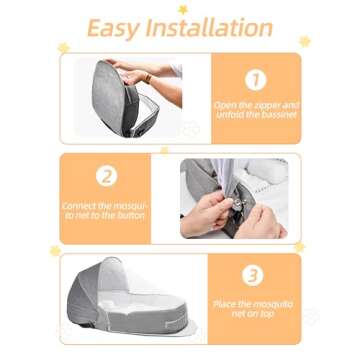 Hishe Baby Travel Bassinet Portable Bassinets: Foldable Lightweight Travel Pod Infant Co-Sleeper Bed with Mosquito and Canopy Outdoor Newborn Essentials Gift