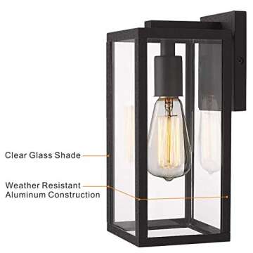 MUDIKIC Outdoor Light Fixture Modern Wall Sconce, Black Aluminum Wall Mounted Lights with Clear Glass Shade 2 Pack