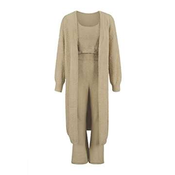 Fixmatti Womens 3 Piece Pajama Set Fuzzy Fleece Tank Tops Pants Kimono Cardigan Loungewear Camel XL