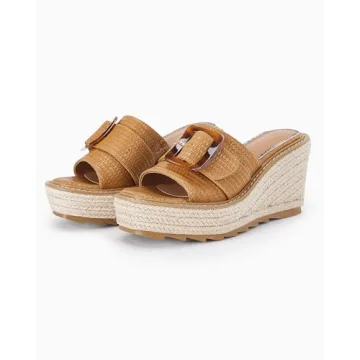 Coutgo Women's Wedge Platform Espadrille Slide Sandals Slip On Open Toe High Heels Buckle Casual Summer Shoes (Light Brown, Adult, Women, 9, Numeric, US Footwear Size System, Medium)