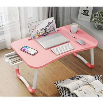 Laptop Bed Table, Foldable Laptop Desk Bed Tray with Storage Drawer, Lap Desk TV Tray for Breakfast Serving, Notebook Stand Reading Holder with Phone Slot and Cup Holder for Sofa Couch Floor-Pink