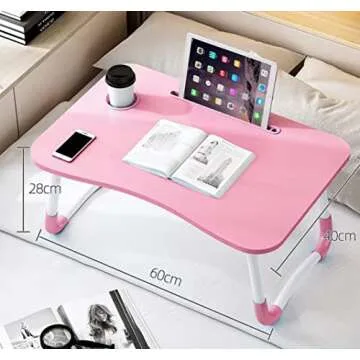 Laptop Bed Table, Foldable Laptop Desk Bed Tray with Storage Drawer, Lap Desk TV Tray for Breakfast Serving, Notebook Stand Reading Holder with Phone Slot and Cup Holder for Sofa Couch Floor-Pink