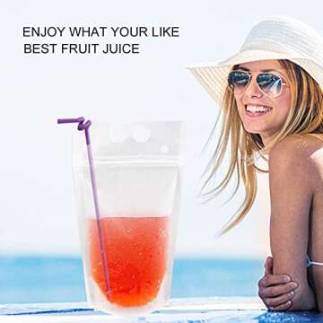 30Pcs Drink Pouches with Individual Package Straws Translucent Frosted Reclosable Zipper Juice Pouches Smoothie Pouches for Cold & Hot Drinks- 10 Ice Cube Bags& Silicone Funnel Included