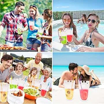 30Pcs Drink Pouches with Individual Package Straws Translucent Frosted Reclosable Zipper Juice Pouches Smoothie Pouches for Cold & Hot Drinks- 10 Ice Cube Bags& Silicone Funnel Included