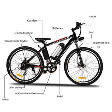 Yiilove Electric Bike for Adult 26'' Mountain Electric Bicycle Ebike 36V Removable Lithium Battery 250W Powerful Motor 21 Speed (Dark Black)