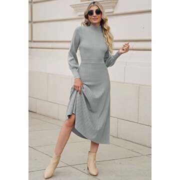 Pink Queen Women's 2 Piece Turtle Neck Puff Sleeve Knit Pullover Top Pleated Wedding Maxi Sweater Skirt Sets Gray XL