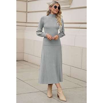 Pink Queen Women's 2 Piece Turtle Neck Puff Sleeve Knit Pullover Top Pleated Wedding Maxi Sweater Skirt Sets Gray XL