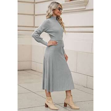 Pink Queen Women's 2 Piece Turtle Neck Puff Sleeve Knit Pullover Top Pleated Wedding Maxi Sweater Skirt Sets Gray XL