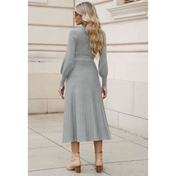 Pink Queen Women's 2 Piece Turtle Neck Puff Sleeve Knit Pullover Top Pleated Wedding Maxi Sweater Skirt Sets Gray XL