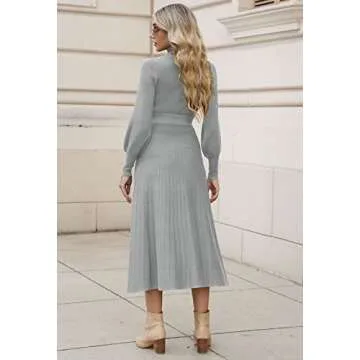 Pink Queen Women's 2 Piece Turtle Neck Puff Sleeve Knit Pullover Top Pleated Wedding Maxi Sweater Skirt Sets Gray XL