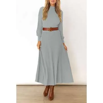 Pink Queen Women's 2 Piece Turtle Neck Puff Sleeve Knit Pullover Top Pleated Wedding Maxi Sweater Skirt Sets Gray XL