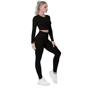 Reerneey Workout Sets for Women 2 Piece Long Sleeve Seamless Crop Tops Gym Clothes Outfit