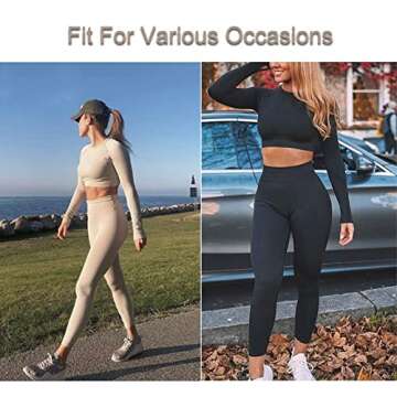 Reerneey Workout Sets for Women 2 Piece Long Sleeve Seamless Crop Tops Gym Clothes Outfit