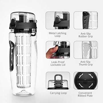 33 Oz Water Bottle - Water Fruit Infuser Bottle, BPA-Free Fruit Infusion Sports Bottle Flip Top Lid w Drinking Spout, Leak Proof Water Bottle, Made of Durable Tritan