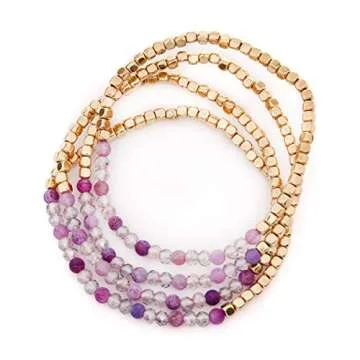 RIAH FASHION Delicate Boho Beaded Multi Layer Versatile Bracelets - Stackable Stretch Bangles Sparkly Crystal, Natural Stone (Delicate Natural Stone & Gold Mix - Purple)